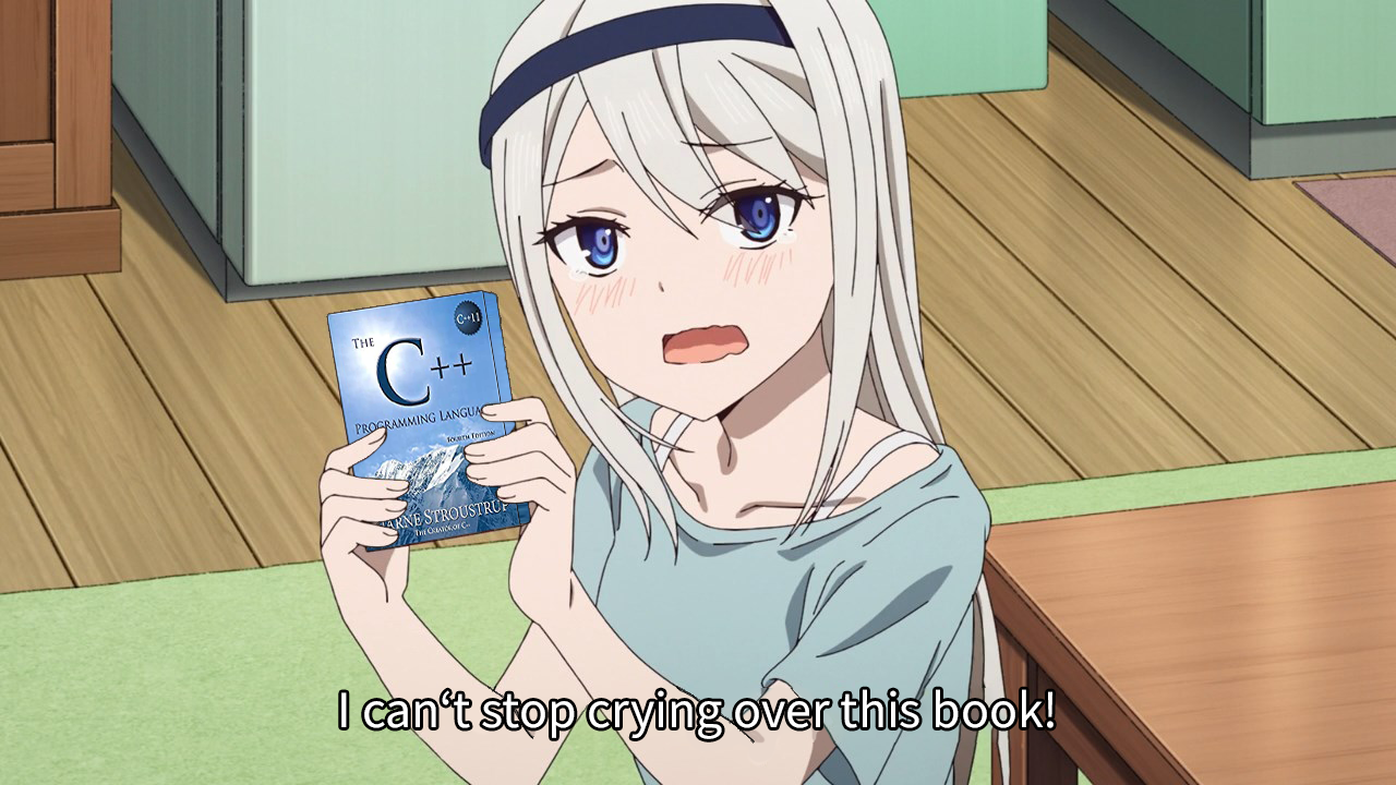 Kei Shirogane holding a C++ book and crying