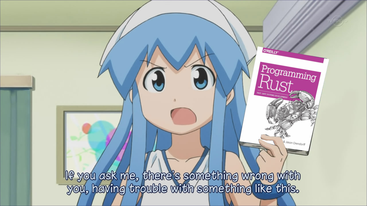 Ikamusume holding a Rust book